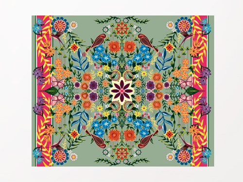 Composició calidoscòpica amb motius florals i animals de diferents color i amb fons verd
