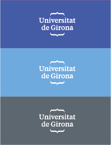 Marca UdG blanca sobre 3 fondos de colores diferentes: azul marino, azul cielo y gris