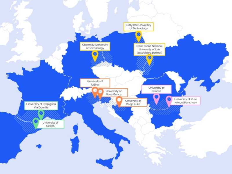 Mapa amb el detall de les universitats de l'ACROSS