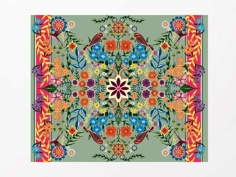 Composició calidoscòpica amb motius florals i animals de diferents color i amb fons verd