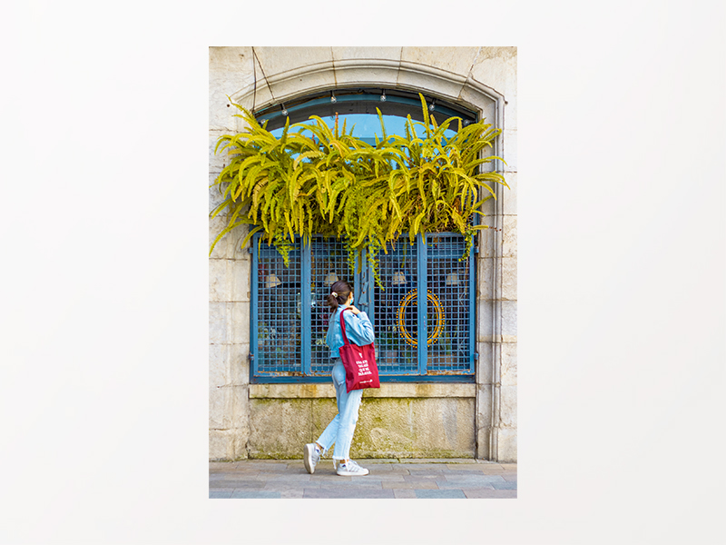 Fotografia d'una noia amb una bossa vermella mirant des de fora una finestra d'un edifici de pedre i d'on surten plantes