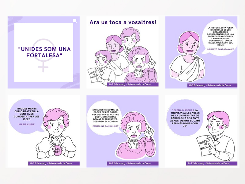 Unides som una fortalesa - Ara us toca a vosaltres! - vinyetes amb cites de Sirimavo Bandaranaike, Marie Curie, Emmeline Pankhurst i Elena Maseras