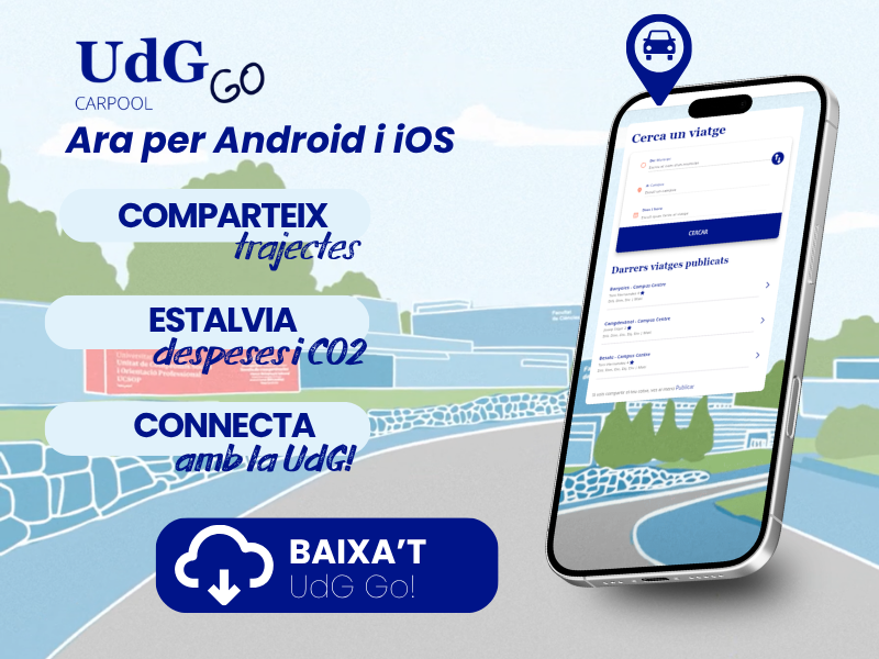 Logo de UdG Go amb una línia de trajecte i dues persones consultant una app de cotxe compartit sobre un mapa.