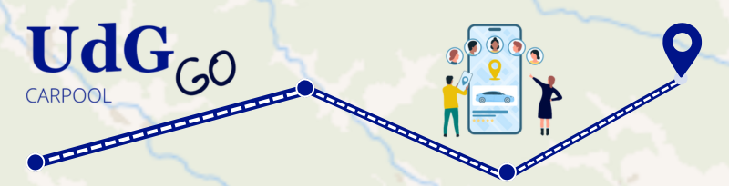 UdG Go logo with a route and two people consulting a carsharing app on a map.