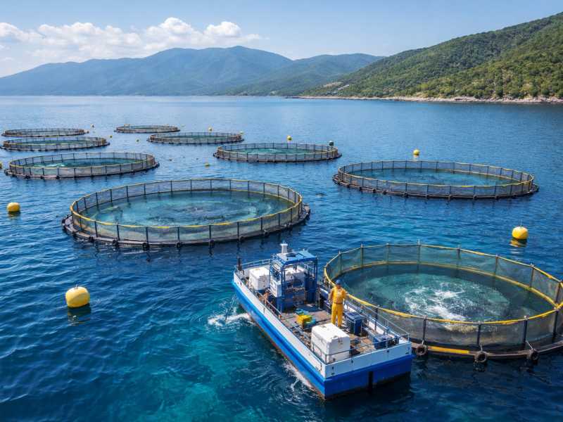 Una imatge d'una piscifactoria marina