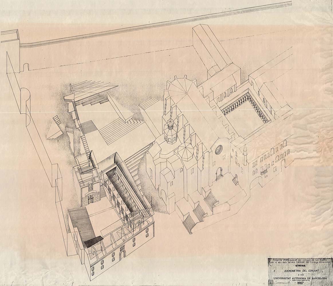 plànol representació axonomètrica de la reforma projectada per a l’edifici de les Àligues, a mà esquerra, i de l’estat en què es troba el convent de Sant Domènec, a mà dreta