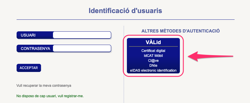 User identification screen User identification screen