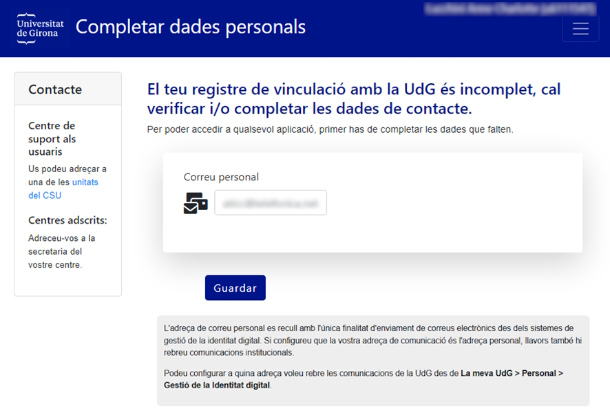 Introducció de l'adreça personal de correu electrònic