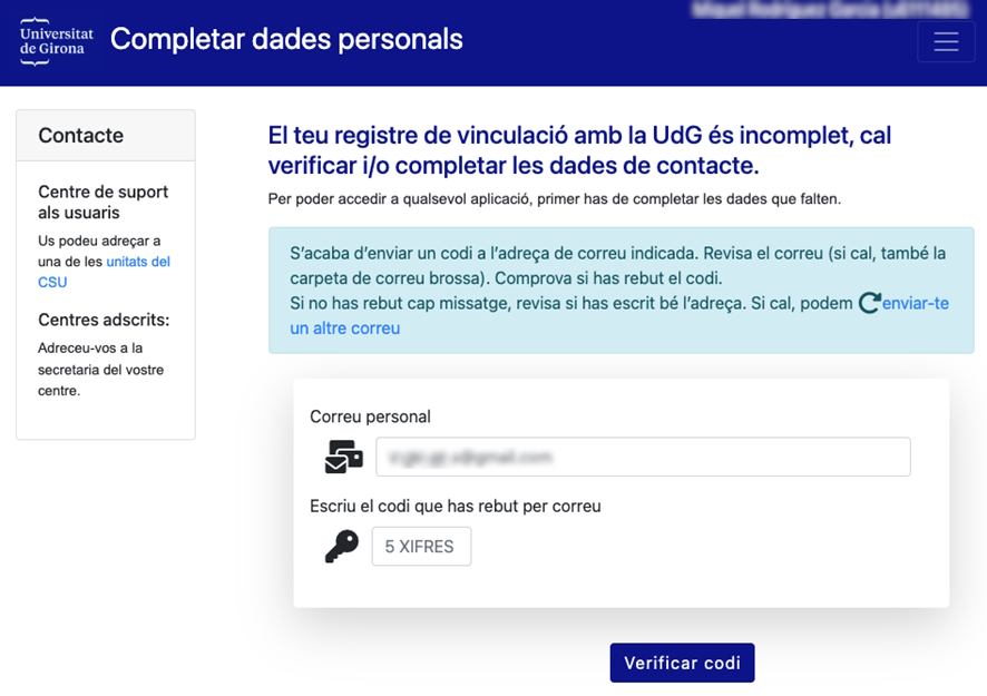Verificació de l'adreça personal de correu electrònic