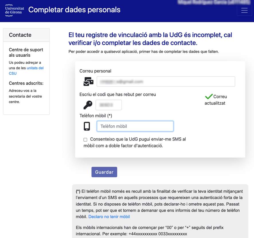 Introducció del número de telèfon mòbil