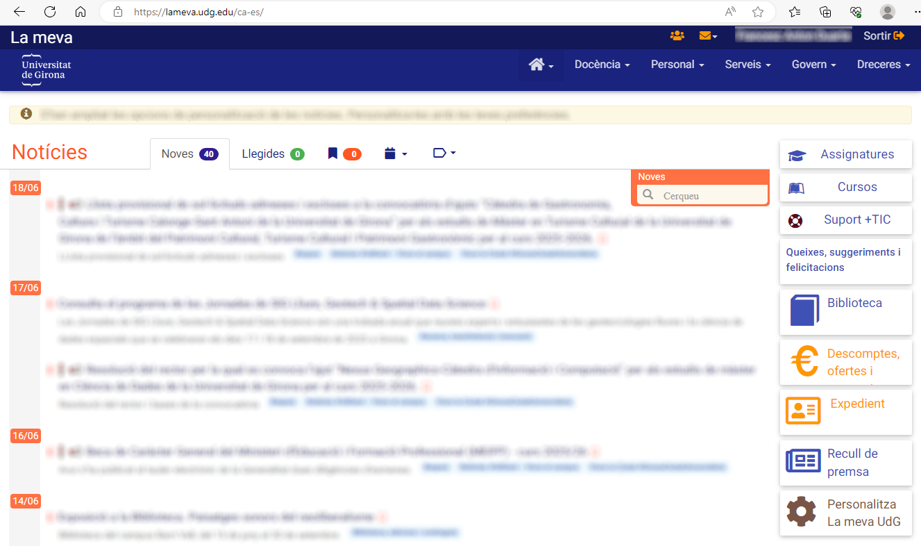 Pàgina d'inici de La meva UdG