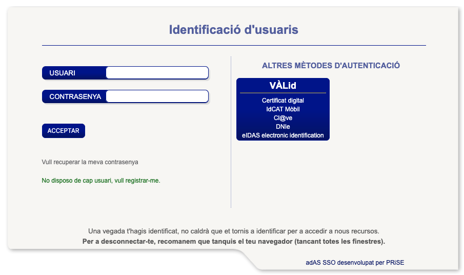 Pantalla d'identificació
