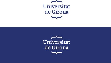 White UdG mark on dark-blue colour background and dark-blue colour UdG mark on white background