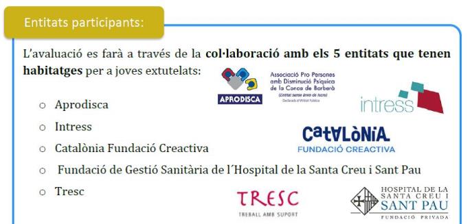Entitats participants que fan l'avaluació i que tenen habitatges per a joves extutelats: Aprodicsa, Intress, Catalònia Fundació Creactiva, Fundació de Gestió Sanitària de l'Hospital de la Santa Creu i Sant Pau, Tresc