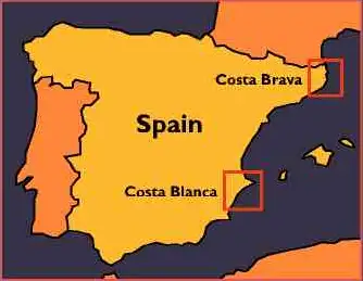mapa d'Espanya amb 2 quadres que marquen la Costa brava i la Costa Blanca