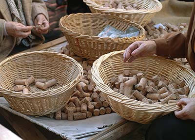 pela del corcho, tres operarios arrancando el corcho de las encinas