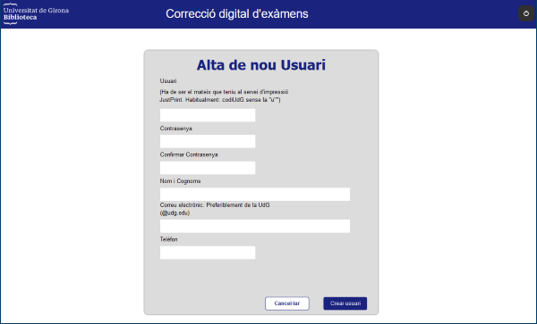 Captura del formulari d'alta d'usuari al servei de correcció