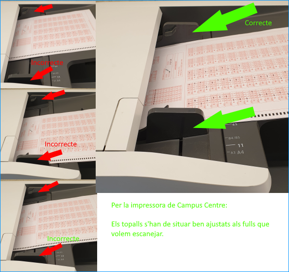 fotografia de l'impressora del Campus Centre on s'explica que els topalls s'han de situar ben ajustats als fulls que volem escanejar